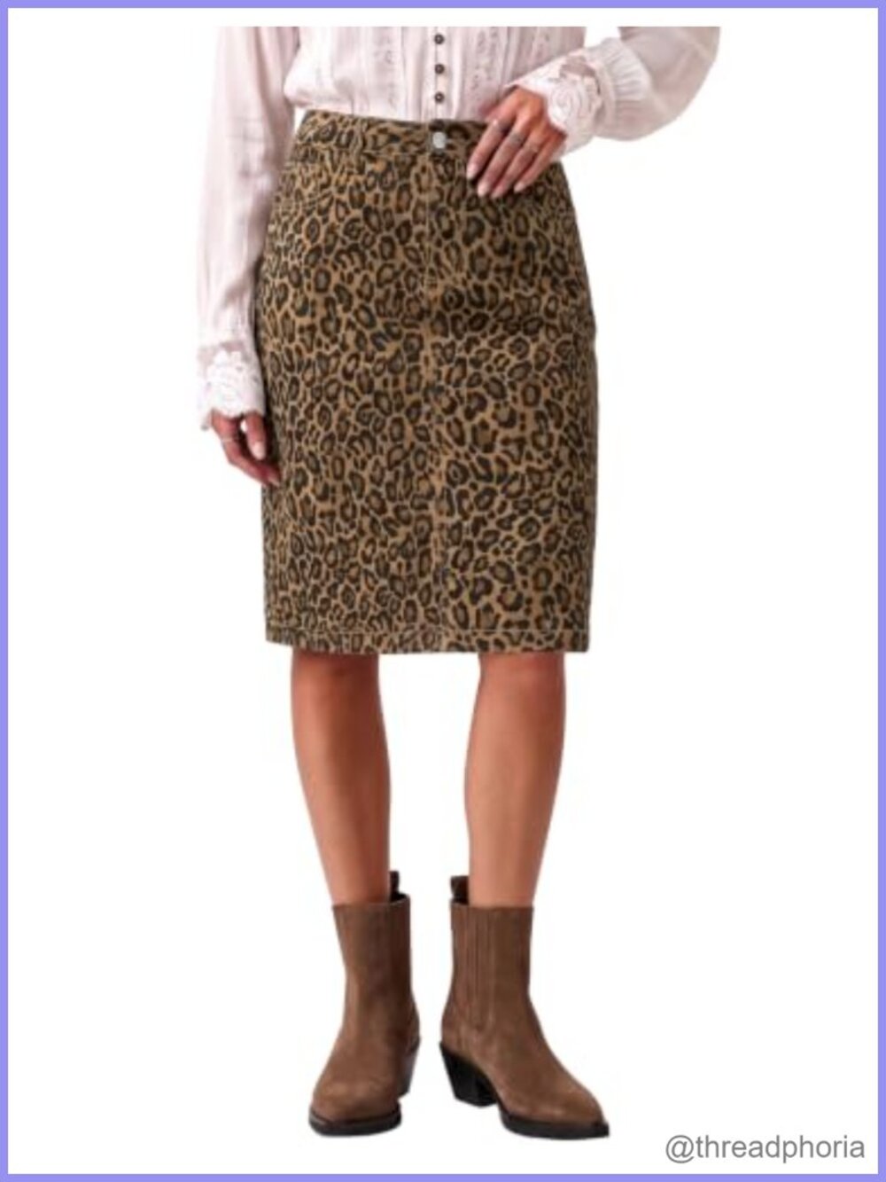 Leopard Print High Waisted A-Line Denim Midi Skirt Button Closure